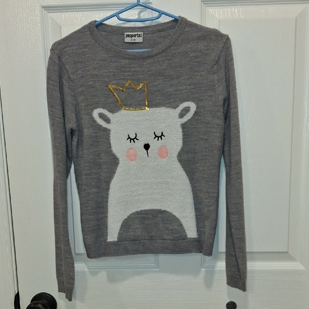 Pepperts! Gray Sweater with Bear Design and Gold Crown. Size 10-12